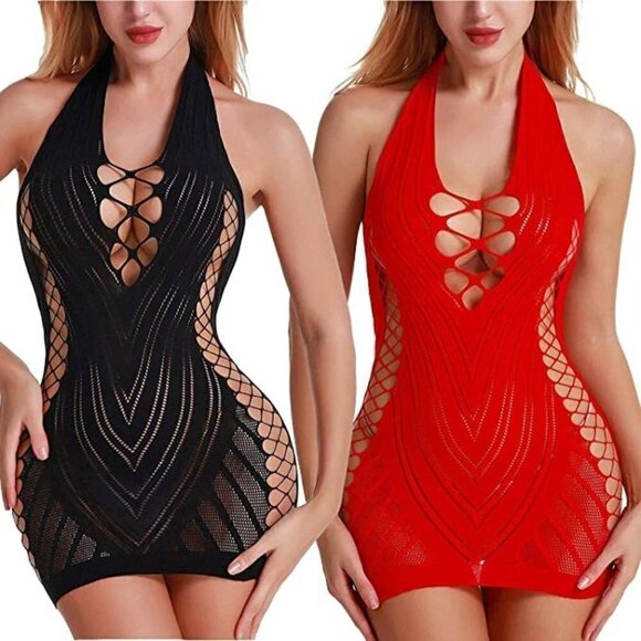PLUS Size Seamless Fishnet Chemise Sexy Lingerie Mesh Halter Dress Babydoll NWT - Picture 1 of 8